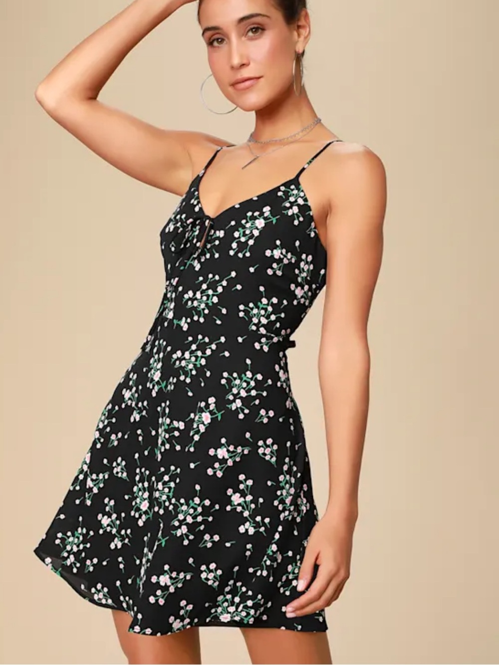 Adalaide Black Floral Print Keyhole Mini Skater Dress Size XS Romantic